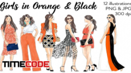دانلود وکتور دختران با لباس نارنجی و مشکی Girls In Orange & Black