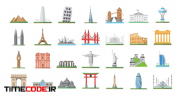 دانلود پروژه آماده افترافکت : 100 آیکون انیمیشن اماکن معروف World Landmarks Icons