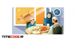 دانلود وکتور خانواده مسلمان در حال افطار Muslim Family Enjoy Iftar Meal In Ramadan