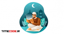 دانلود وکتور مرد مسلمان در حال خواندن قرآن Reading Holy Book Quran At Night Illustration