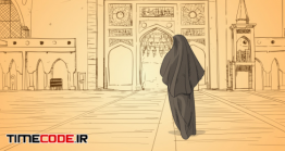 دانلود نقاشی زن محجبه در حال رفتن به مسجد Woman Coming To Mosque Building Muslim Religion
