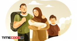 دانلود وکتور خانواده پناهده مسلمان با کودکان The Refugee Family With Children Illustration