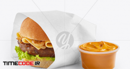 دانلود موکاپ بسته بندی همبرگر Wrapped Burger With Sauce Mockup