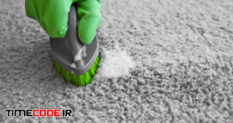 دانلود عکس تمیز کردن موکت با برس فرش Hand In Rubber Glove Cleaning Carpet With Brush