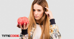 دانلود عکس بدون پس زمینه زن با مغز انسان در دست Pretty Young Woman Holding A Brain Object