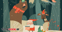 دانلود کلیپ آرت بابانوئل با حیوانات جنگل Cartoon Santa Claus With Animals In The Winter