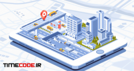 دانلود وکتور ایزومتریک شهر روی تبلت Isometric Illustration Of Smart City Mobile App On Tablet