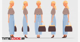 دانلود وکتور کاراکتر دختر با کیف زنانه Set Businesswoman With Handbag Front Side View Female Character Different Views For Animation