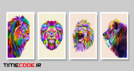 دانلود وکتور انتزاعی شیر Set Of Colorful Lion Head On Pop Art Style.