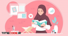 دانلود وکتور زن مسلمان در حال خواندن قرآن Hijab Girl Learn To Read The Quran