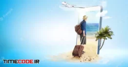دانلود عکس خرید آنلاین تور مسافرتی تابستانی Asian Man In Hat With Suitcase Bag