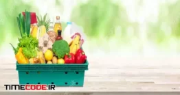 دانلود سبد خرید موارد غذایی Fresh Food And Groceries In Tray Box On Wood Tabletop Banner Background