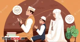 دانلود وکتور دعا کردن خانواده مسلمان هنگام نماز Islamic Family Praying Together Illustration