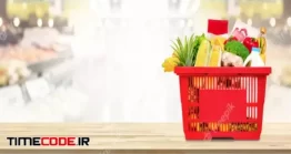 دانلود سبد خرید موارد غذایی Shopping Basket Full Of Food And Groceries On The Table In Supermarket