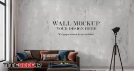 دانلود موکاپ کاغذ دیواری Blank Wall Mockup Behind Modern Blue Sofa