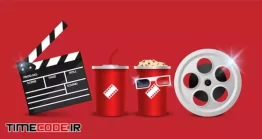 دانلود وکتور کلاکت سینما و پاپ کورن  Set Of Movie Theater Objects Isolated On Red
