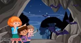 دانلود وکتور کودکان در غار In Cave Scene With Children Exploring Cartoon Character