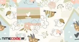دانلود پترن کارتونی پرنده و گل در مزرعه Pattern With Flowers And birds