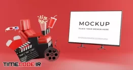 دانلود موکاپ تلویزیون در بنر پلتفرم نمایش آنلاین فیلم 3d Render Of Tv Mockup With Online Cinema