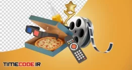 دانلود وکتور لایه باز سینمای خانگی و پیتزا Home Movie Items Film Reels Remote 3d Glasses Pizza 