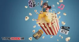 دانلود تصویر کودک در راه تماشای فیلم با پاپ کرن و عینک سه بعدی Women Wearing 3d Glasses Watching A Movie And Her Giant Popcorn