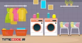 دانلود وکتور اتاق خشک شویی و لباس شویی Laundromat Clothes Washing Machine Laundry Tools Modern Interior