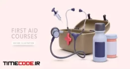 دانلود وکتور کیت کمک های اولیه Open First Aid Kit With Pill Boxes Stethoscope