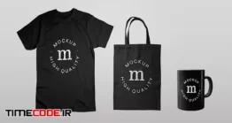 دانلود موکاپ ماگ تی شرت و شاپینگ بگ Pack Of Black Tshirt Tote Bag And Mug Mockup