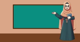 دانلود فوتیج موشن گرافیک : کاراکتر معلم محجبه روبروی تخته سیاه